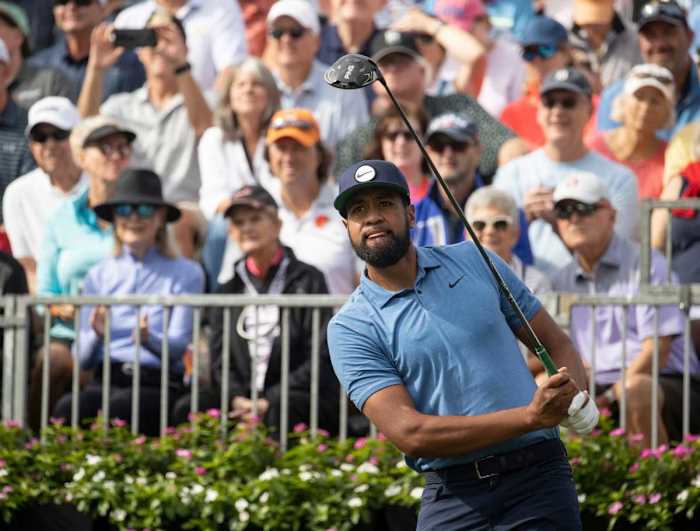 Tony Finau tees off on the first hole at the Grant Thornton Invitational at Tiburon Golf Club in Naples on Friday, Dec. 8, 2023.